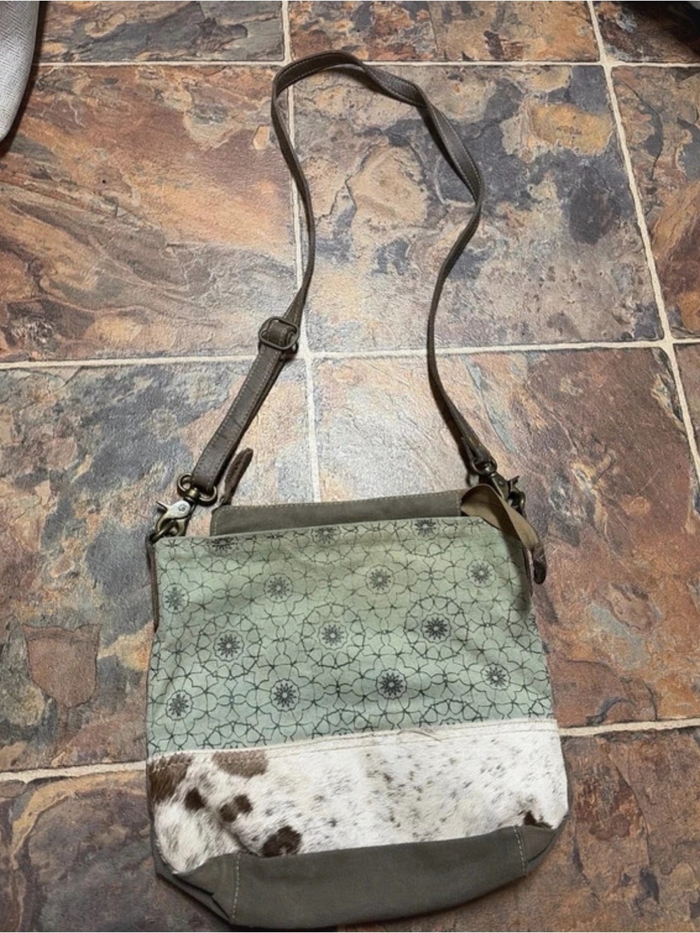 Myra Crossbody Shoulder Bag in Olive Green with Cowhide Accent